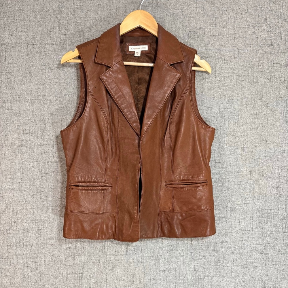 Coldwater Creek Women Vest Medium Cognac Brown 100% Leather Tailored